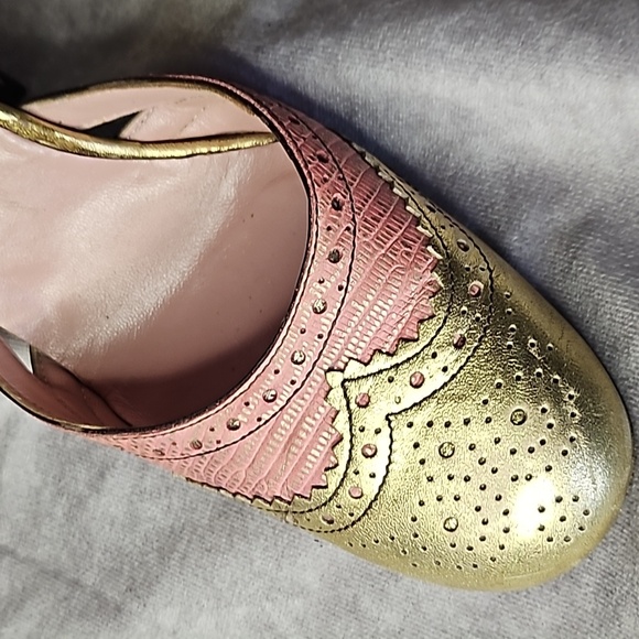 Miu Miu Gold Peach Pink Coral Orange Round Mary Jane Leather Heel Wedge Sz.40 - Picture 2 of 8